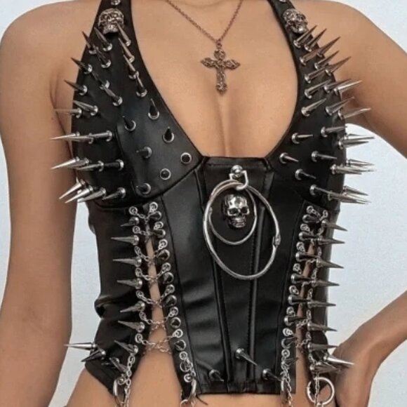 Super Small black halter spike corset chains moto biker goth punk rock - Picture 2 of 2